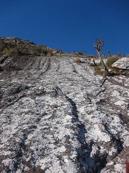由chisepo登頂Sapitwa路徑上的巨大花崗岩板，可注意石板上的紅色噴漆指引