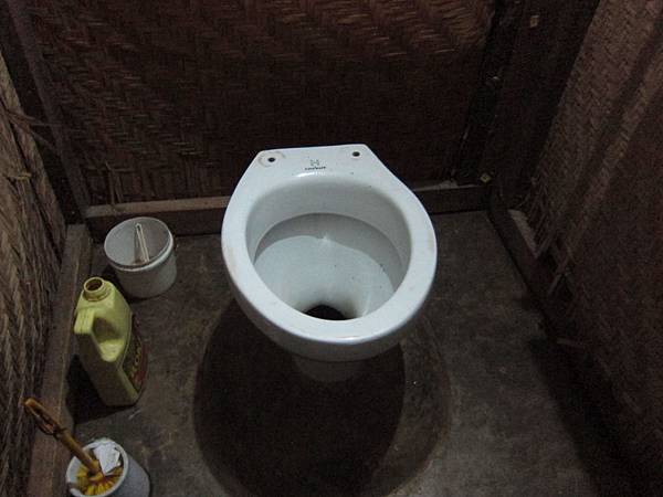 在非洲常見的「西皮中骨」馬桶，沒有沖水設施，只是把蹲式廁所放上馬桶以利西方遊客使用