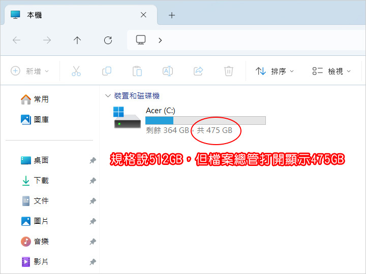 規格說512GB，但檔案總管打開顯示是共475GB.jpg