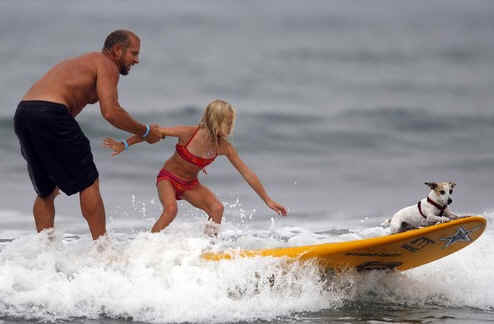 Scott Chandler holds onto his 7-year-old daughter while their dog Zoe rides a wave at the 2006 Surf Dog Small Wave Competition in Imperial Beach. 