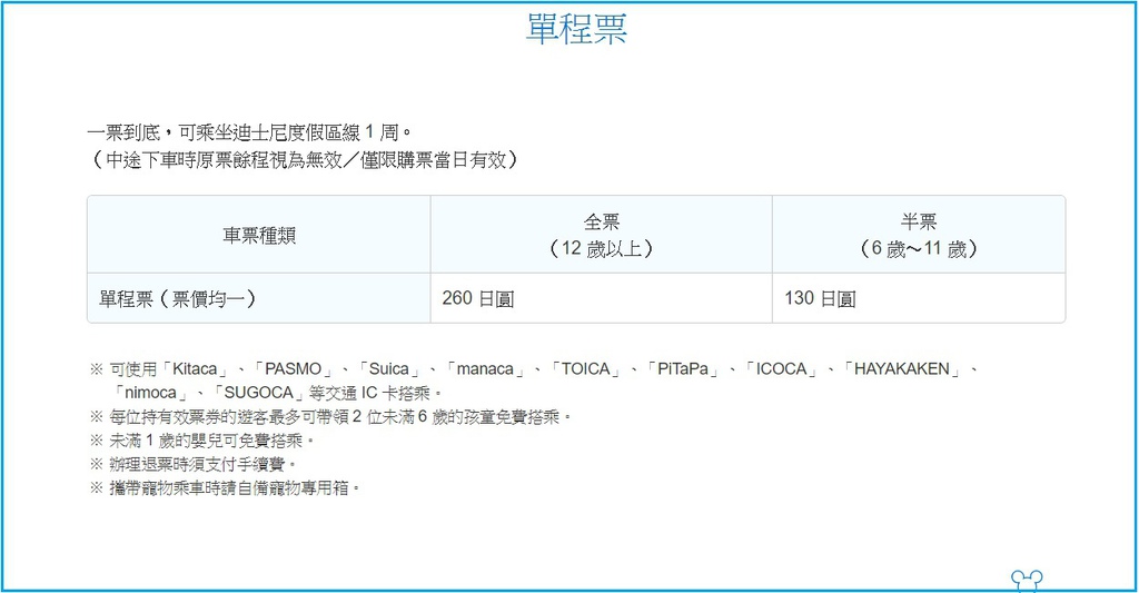 迪士尼單程票價