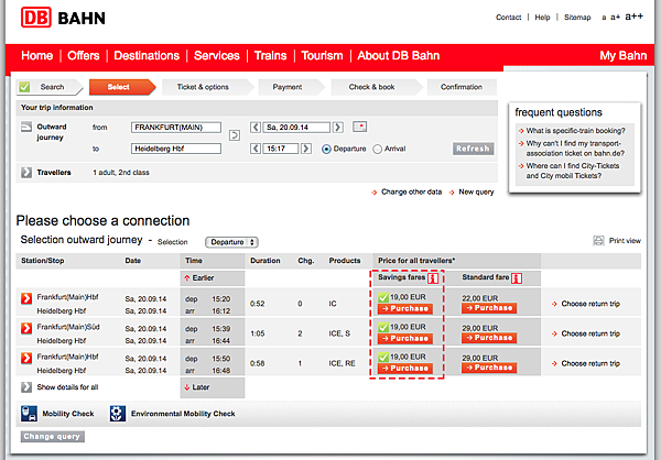 從德國法蘭克福到海德堡的早鳥票價為例(2014)