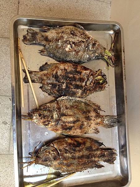 烤鱼,去内脏加入香茅草等香料,表面加盐,炭火烤制.jpg