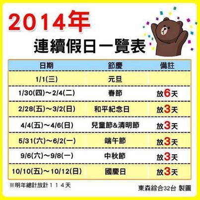 2014年連續假日一覽表