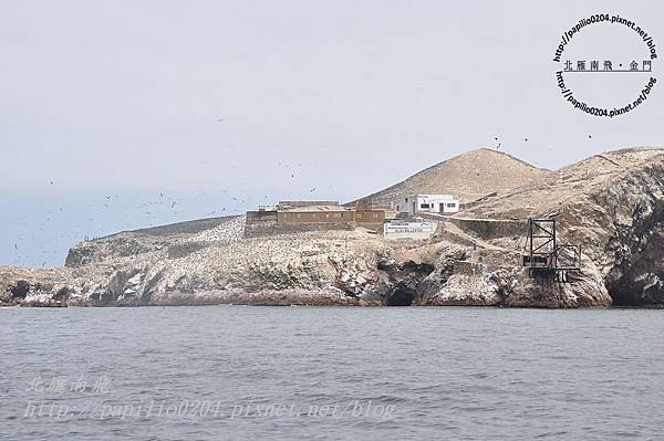 從東島(Isla Este)遠望北島(Isla Norte)上的鳥群與研究站