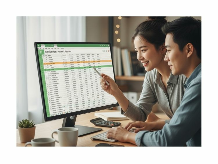 家庭記帳 Excel 模板的電腦螢幕截圖，顯示夫妻正在Google雲端共同記帳並填寫支出明細的畫面，示範如何利用免費工具簡單記帳，是記帳程式外的個人理財規劃範例
