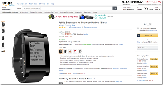 Amazon.com Pebble Smartwatch for iPhone and AndroidCell Phones & Accessories