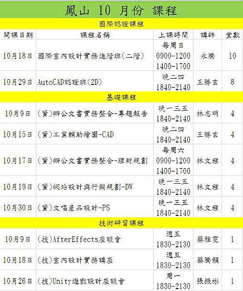 10月份課表