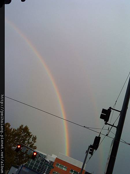 It's rainbow in front of the gray sky.