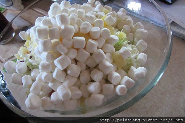 Salad + pineapple + marshmallows