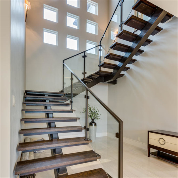 U shaped straight staircase indoor metal stair railing with post glass railing.png