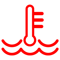 3.引擎過熱 Engine Overheating 此燈號表示引擎水箱漏水嚴重或是水位不足，和黃燈不同的是這個圖示已經是相當嚴重導致過熱。遇到此狀況請勿繼續行駛 ，不然很容易導致引擎損壞，趕快叫拖車進廠維修吧 ~