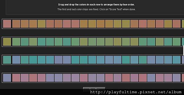 Drag and drop the colors in each row to arrange them by hue order.