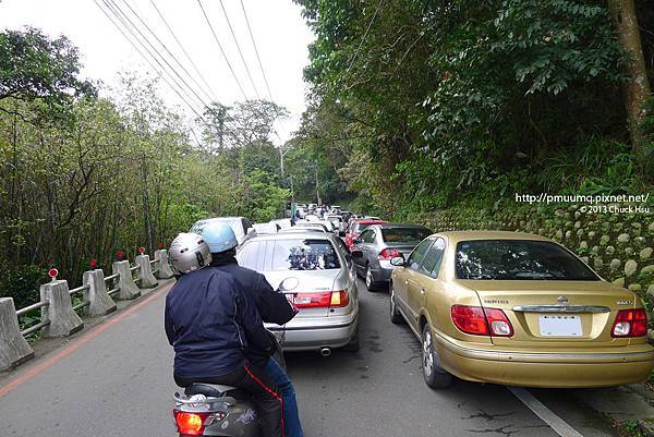 從半山腰就已經開始塞車了，路邊也有告示要車子在山下就先靠邊停好車 再步行到山上賞花，但告示歸告示，每一台車還硬是要擠上......