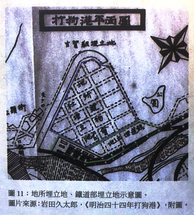 照片7：地所埋立地與鐵道部埋立地示意圖（圖片來源：岩田久太郎，《明治四十四年打狗港》）.jpg