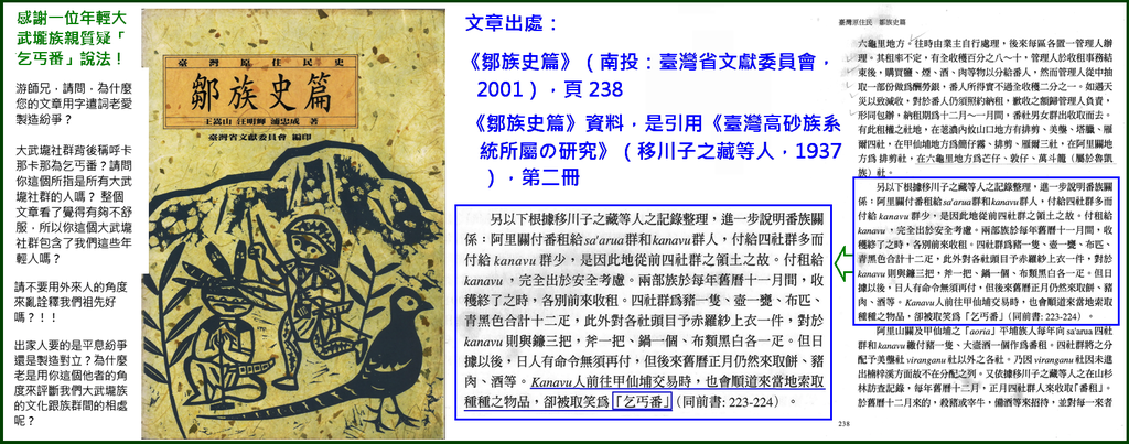 圖片1：「乞丐番」用詞，出處為《鄒族史篇》（南投：臺灣省文獻委員會，2001），頁238。《鄒族史篇》資料，則是引用《臺灣高砂族系統所屬の研究》（移川子之藏等人，1937），第二冊.PNG