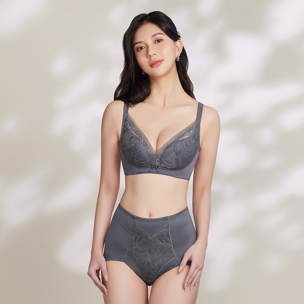 柔塑曲線系列無鋼圈調整型蕾絲集中包覆塑身女內衣(青黛灰).jpg