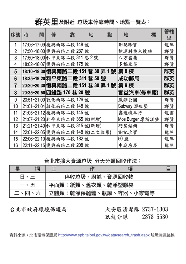 群英里及附近垃圾車停靠時間