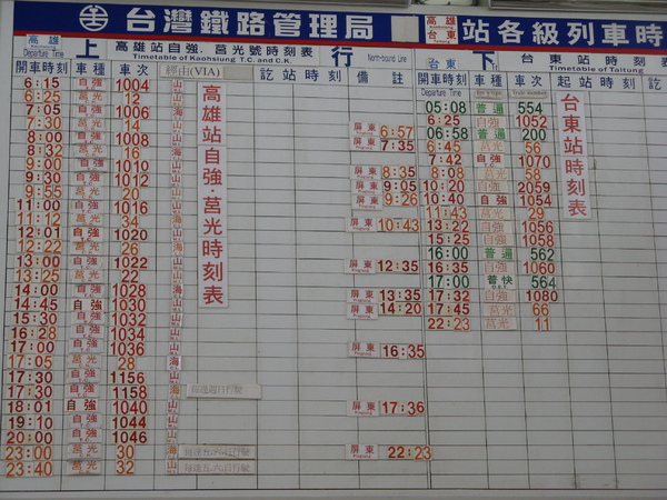 枋寮站內公佈的是高雄、台東兩站的時刻表