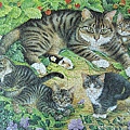 Gemma with Her Kittens in Wild Strawberries & Periwinkles