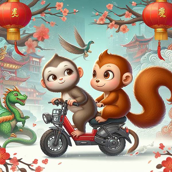 小猴小松鼠駕駛電動自行車慶祝龍年新年.jpg
