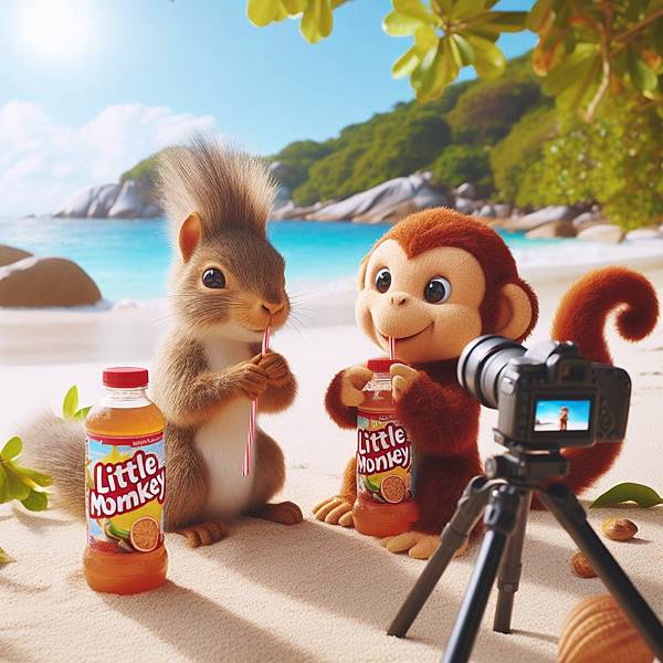 小猴小松鼠在海邊拍攝喝小猴牌飲料的廣告.jpg