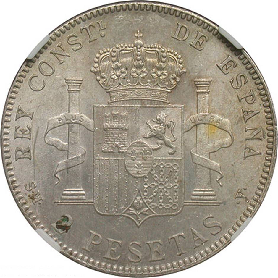 古典的尾巴 1905年 (05) 西班牙 2 Pesetas NGC MS63 反面