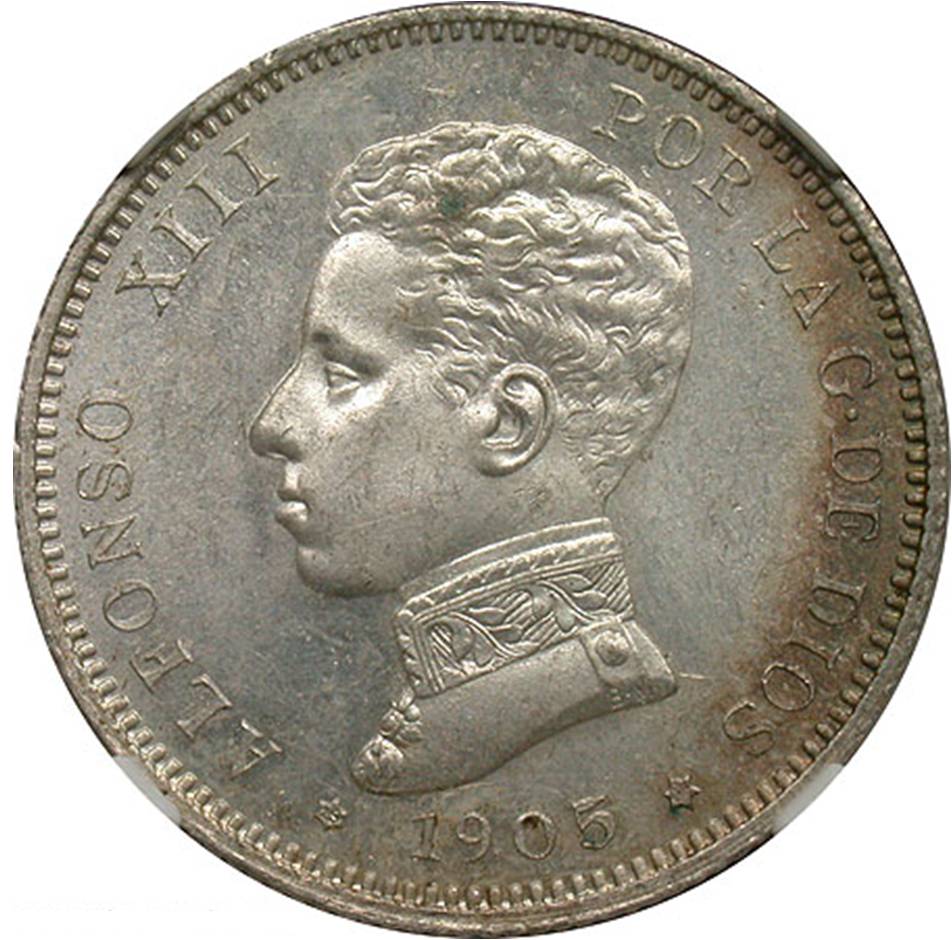 古典的尾巴 1905年 (05) 西班牙 2 Pesetas NGC MS63 正面