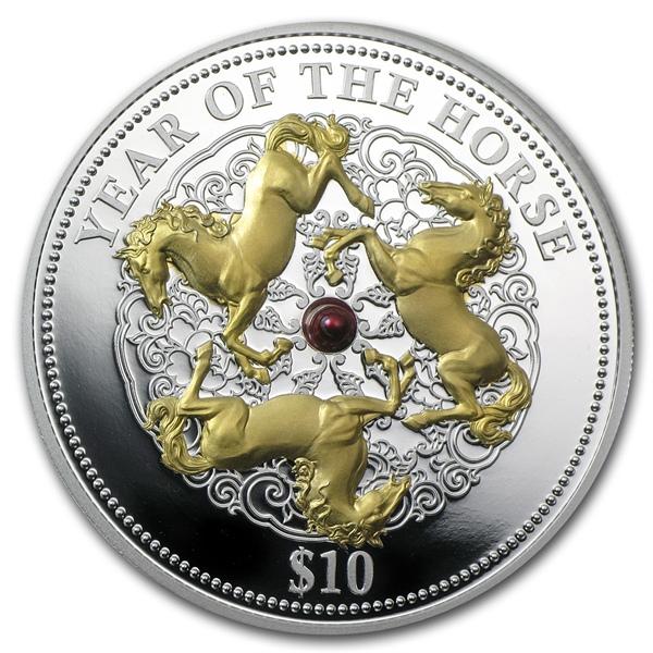 Fiji 2014 1 oz Silver Year of the Horse - Gold Gilded with Pearl