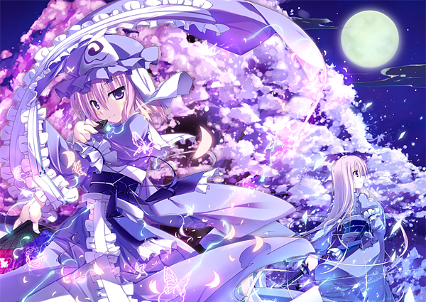 Konachan.com - 84523 butterfly cherry_blossoms hat japanese_clothes kimono moon pink_hair purple_eyes saigyouji_yuyuko short_hair sky t-ray touhou.png