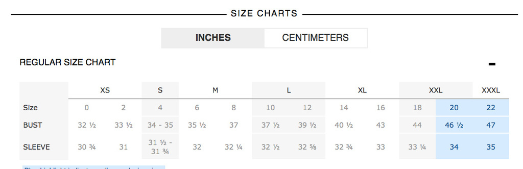 size chart inches