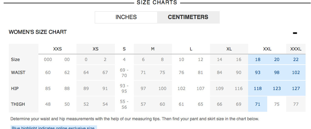 pant size chart 公分