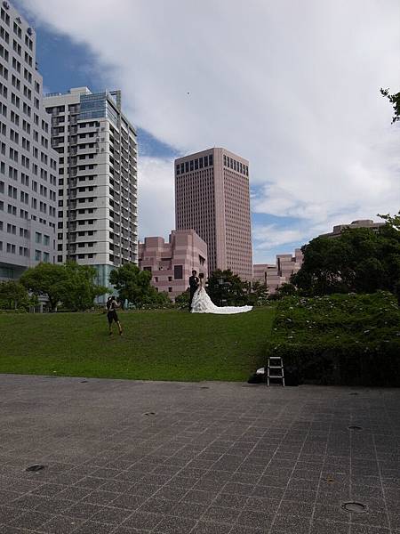 白雲藍天綠地的婚紗