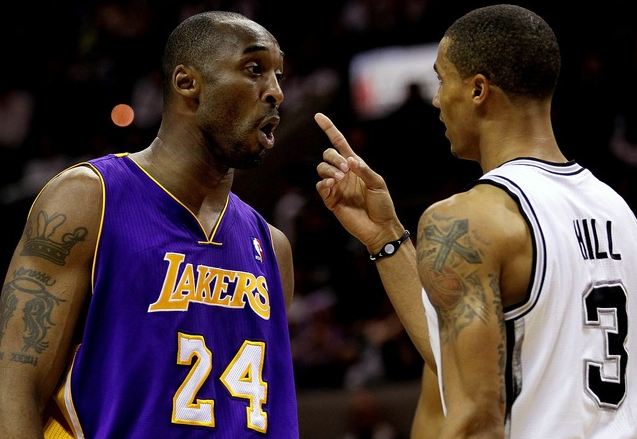 Kobe Bryant has George Hill pointing a finger at him