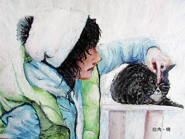 蠟 筆 畫:   少女和貓
