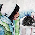 蠟 筆 畫:   少女和貓