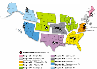美國10個聯邦應急管理局分局的境內地圖