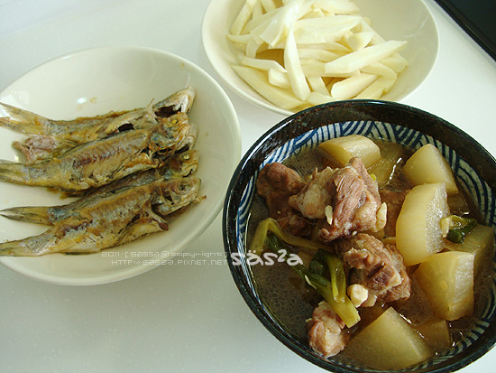 蘿蔔滷肉、筊白筍、煎小魚、魚乾豆腐味增湯