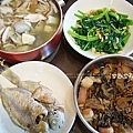 菠菜松子仁、煎魚、梅干扣肉、鮮菇蛤利豆腐味增湯