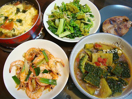 油菜花、味增鰹魚、紅燒蝦、梅子山苦瓜、蕃茄豆腐海帶芽湯