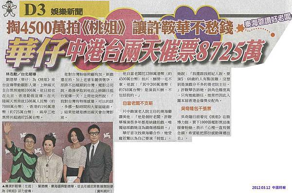 NP露出_2012.03.12_《桃姐》_中國時報_《桃姐》中港台兩天催票8725萬 NP露出_2012.03.12_《桃姐》_中國時報_《桃姐》中港台兩天催票8725萬