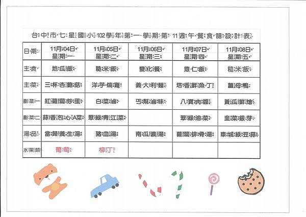 102學年第1學期第11周菜單