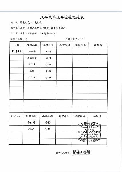 112學年上學期第11週--成品或半成品檢驗紀錄表