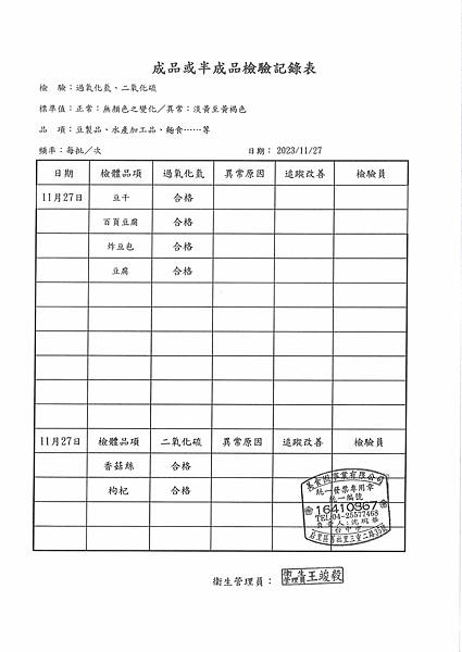 112學年上學期第14週--成品或半成品檢驗紀錄表