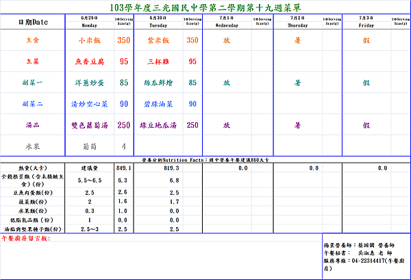 第19週菜單 葷