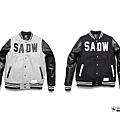 【2016FW Leather Sleeve Baseball Jacket】皮袖毛料棒球外套  胸口最為醒目的拼皮革縮寫單字 充份表現SHADOW的精神 領口、袖口及下