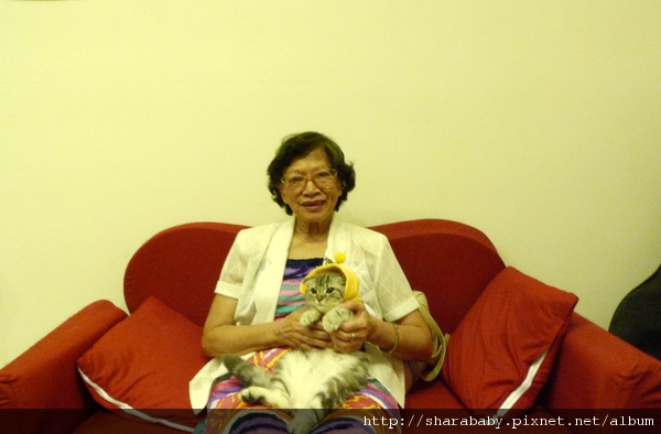 小寶穿著帽T迎接客人