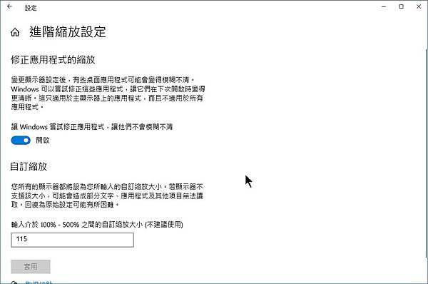 設定視窗ー進階縮放設定