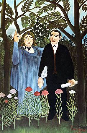 盧梭（Henri Rousseau）於1909年的畫作 – 詩人和他的謬斯（La muse inspirant le poète），畫的就是羅蘭珊和阿波利奈爾.jpg