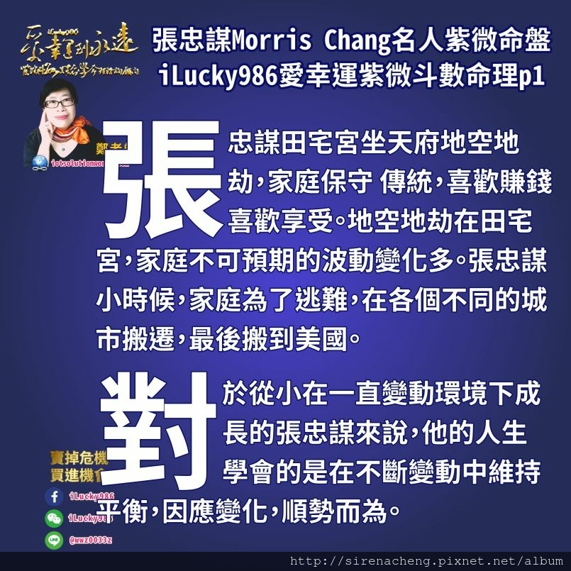 8051台積電張忠謀Morris Chang名人紫微斗數命盤iLucky986愛幸運紫微斗數命理資訊顧問,對於從小在一直變動環境下成長的張忠謀來說，他的人生學會的是在不斷變動中維持平衡，因應變化，順勢而為。 六煞星在張忠謀的命盤中自己的宮位有五顆。地空地劫在田宅宮。陀羅命宮(這也可以說明為何張忠謀退休兩次，卻每次他退休台積電就發生事情。來來回回，拖拖拉拉，想乾脆都不容易)，福德宮坐擎羊，鈴星。所以他真的下決定做決策時，他會面對問題承擔損失(擎羊)，他腦中的苦惱和壓力外人看不到。(鈴星)